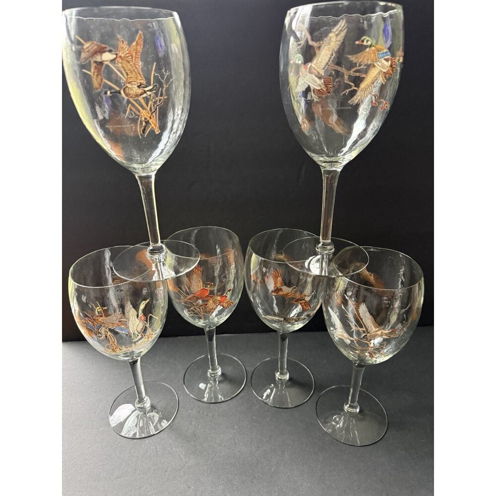 Vintage Dimpled Bird Wine Water Glass Goblet Set (6) Cottagecore Farmhouse Clear